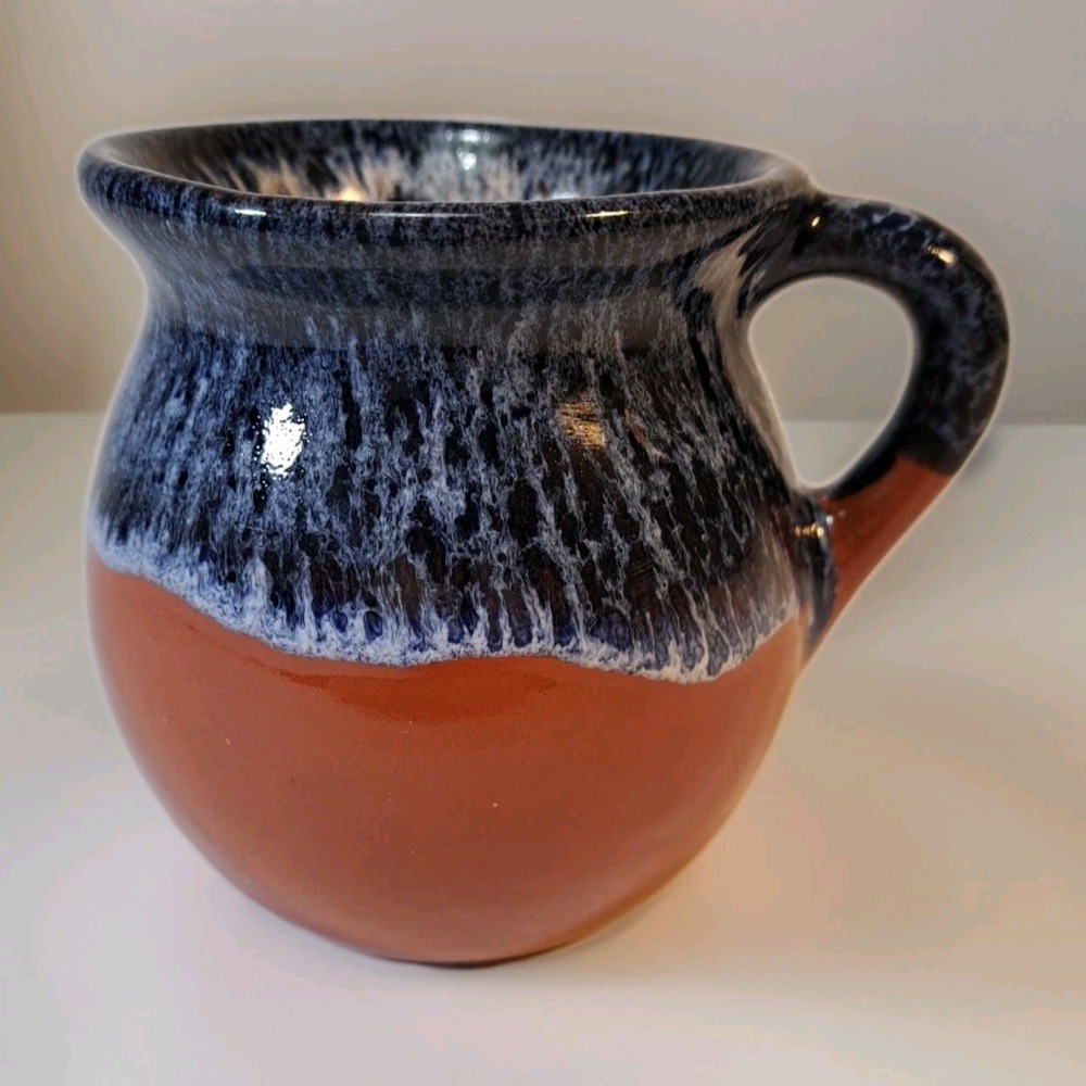 Handmade‎ Ceramic Coffee Mug with Blue and White Glaze over Terracotta Base 4"